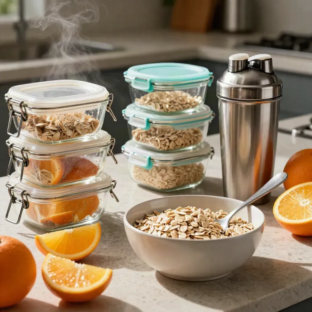 Glass meal prep containers, oats, citrus and a steel shaker on a stone counter
