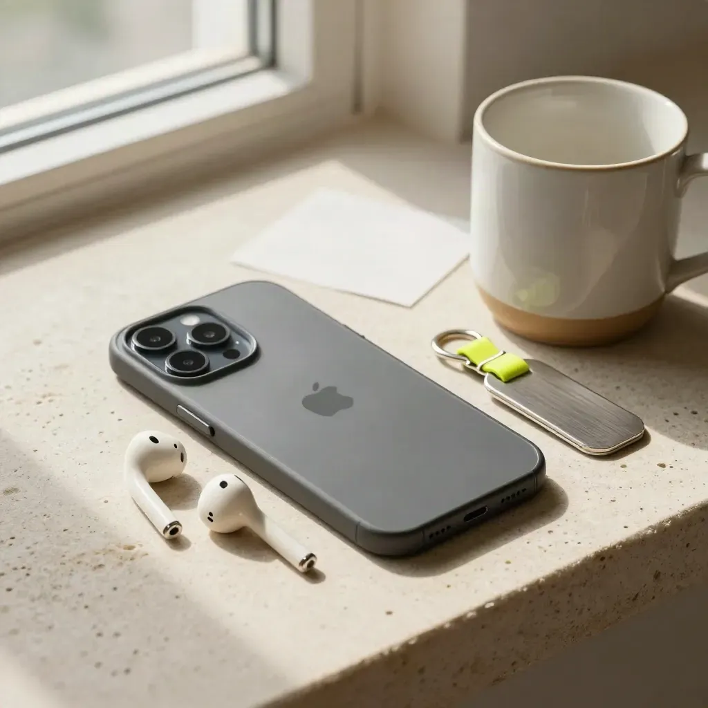 Face-down smartphone, earbuds, key tag and ceramic mug on a stone counter in soft window light.