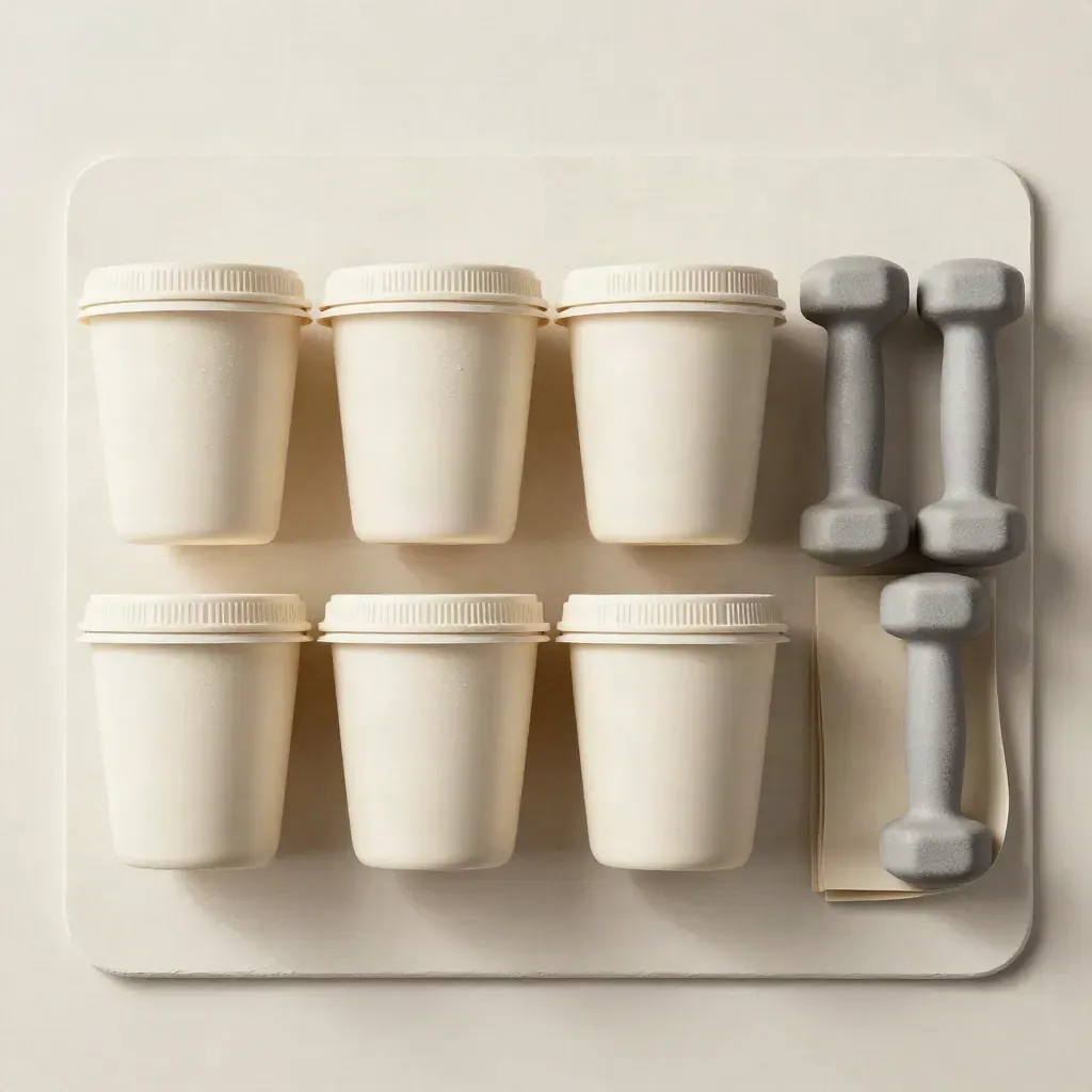Overhead still life of meal containers, dumbbells and a resistance band on an off-white plaster surface