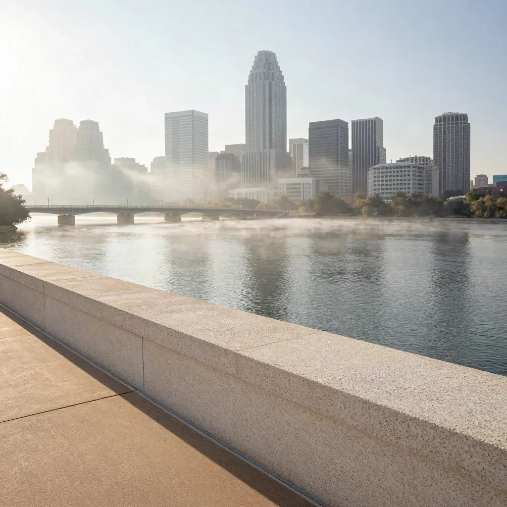 Austin skyline over Lady Bird Lake in dawn mist, calm water and bridge lines